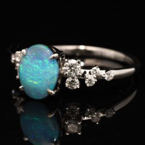 White Gold Blue Green Boulder Opal and Diamond Ring