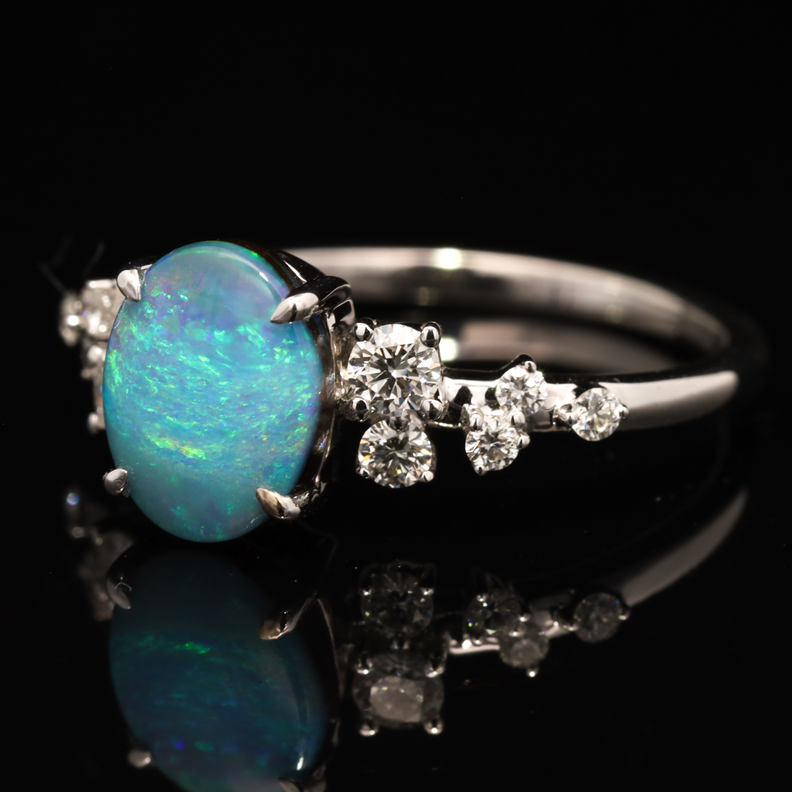 White Gold Blue Green Boulder Opal and Diamond Ring