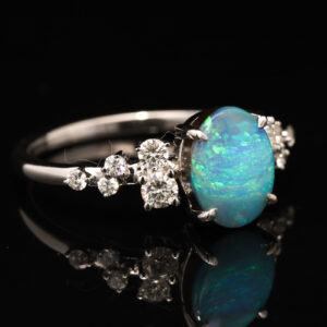 White Gold Blue Green Boulder Opal and Diamond Ring
