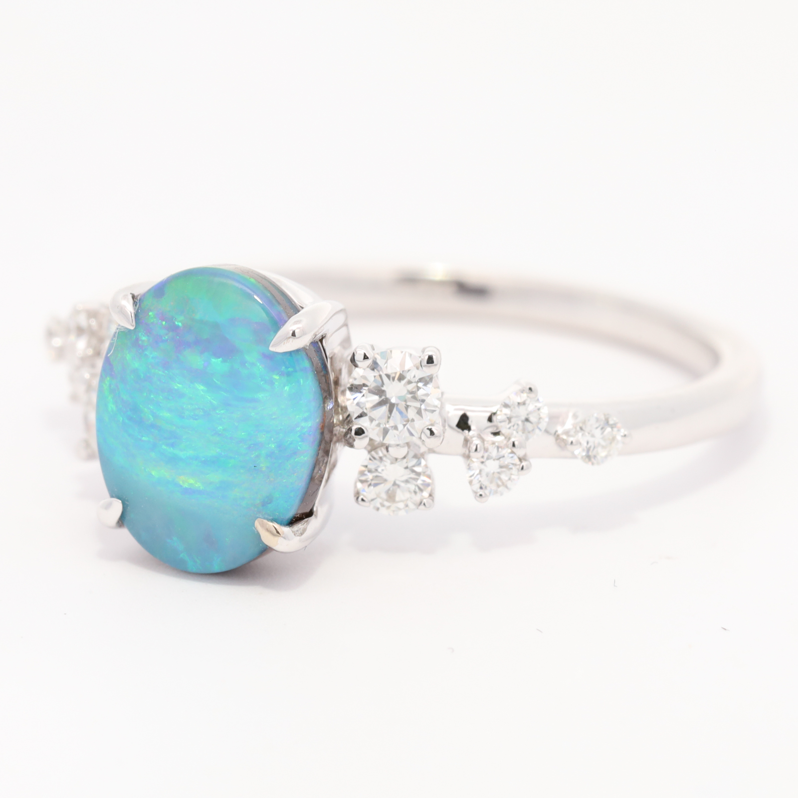 White Gold Blue Green Boulder Opal and Diamond Ring