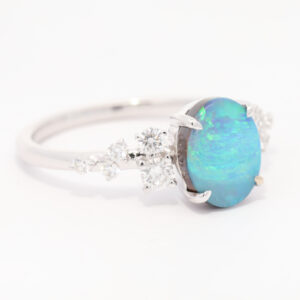 White Gold Blue Green Boulder Opal and Diamond Ring
