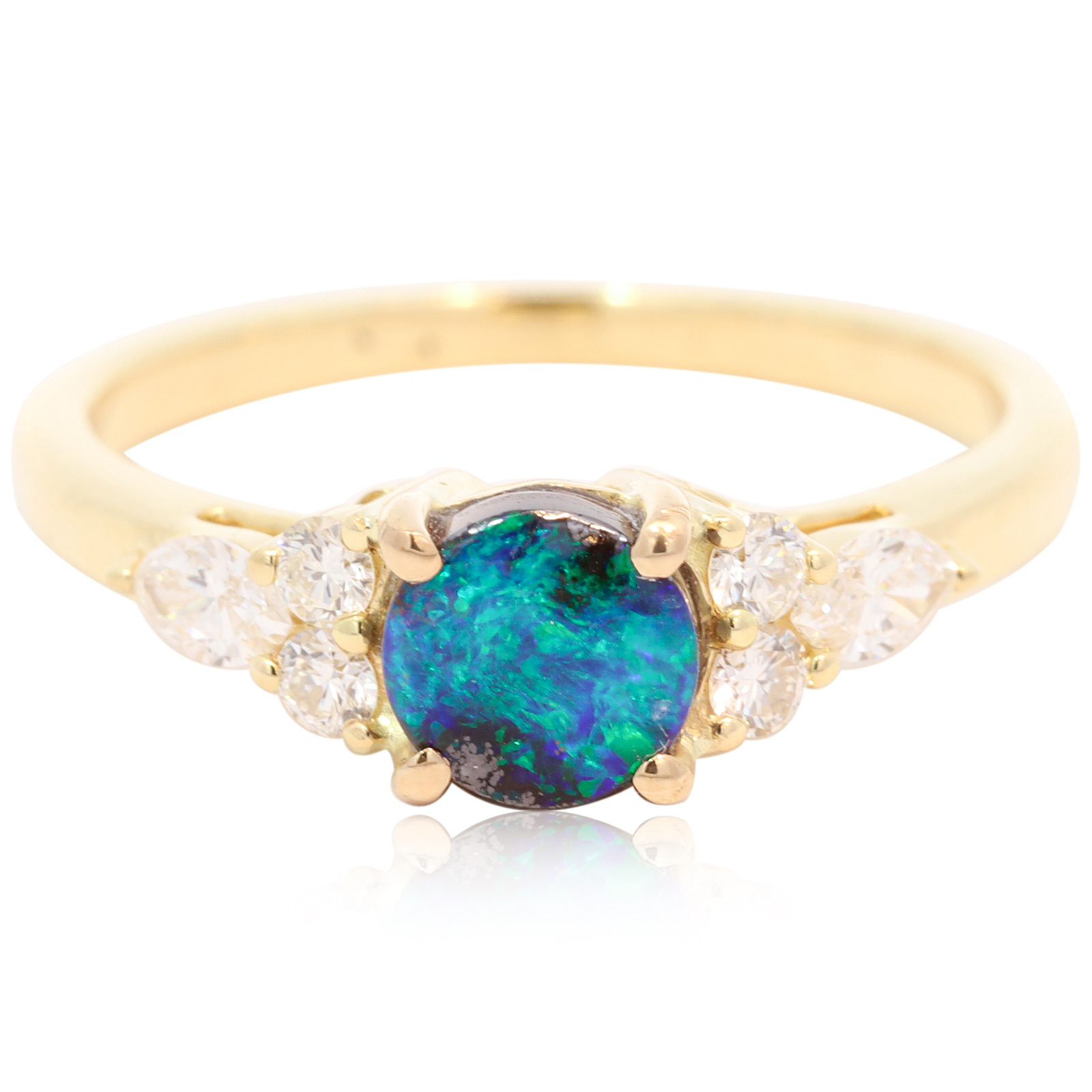 Yellow Gold Blue Green Boulder Opal and Diamond Ring