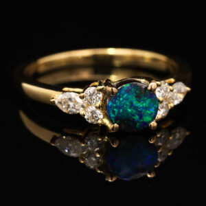 Yellow Gold Blue Green Boulder Opal and Diamond Ring