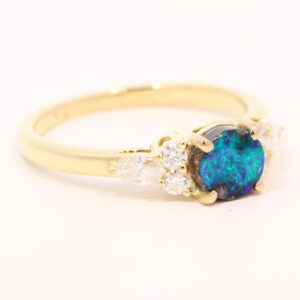 Yellow Gold Blue Green Boulder Opal and Diamond Ring