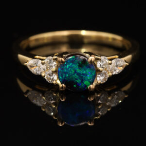 Yellow Gold Blue Green Boulder Opal and Diamond Ring