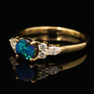 Yellow Gold Blue Green Boulder Opal and Diamond Ring