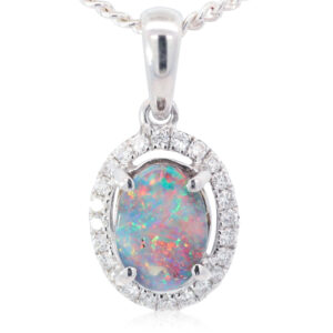 White Gold Blue Green Yellow Orange Pink Boulder Opal and Diamond Pendant