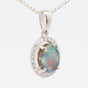 White Gold Blue Green Yellow Orange Pink Boulder Opal and Diamond Pendant