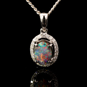 White Gold Blue Green Yellow Orange Pink Boulder Opal and Diamond Pendant