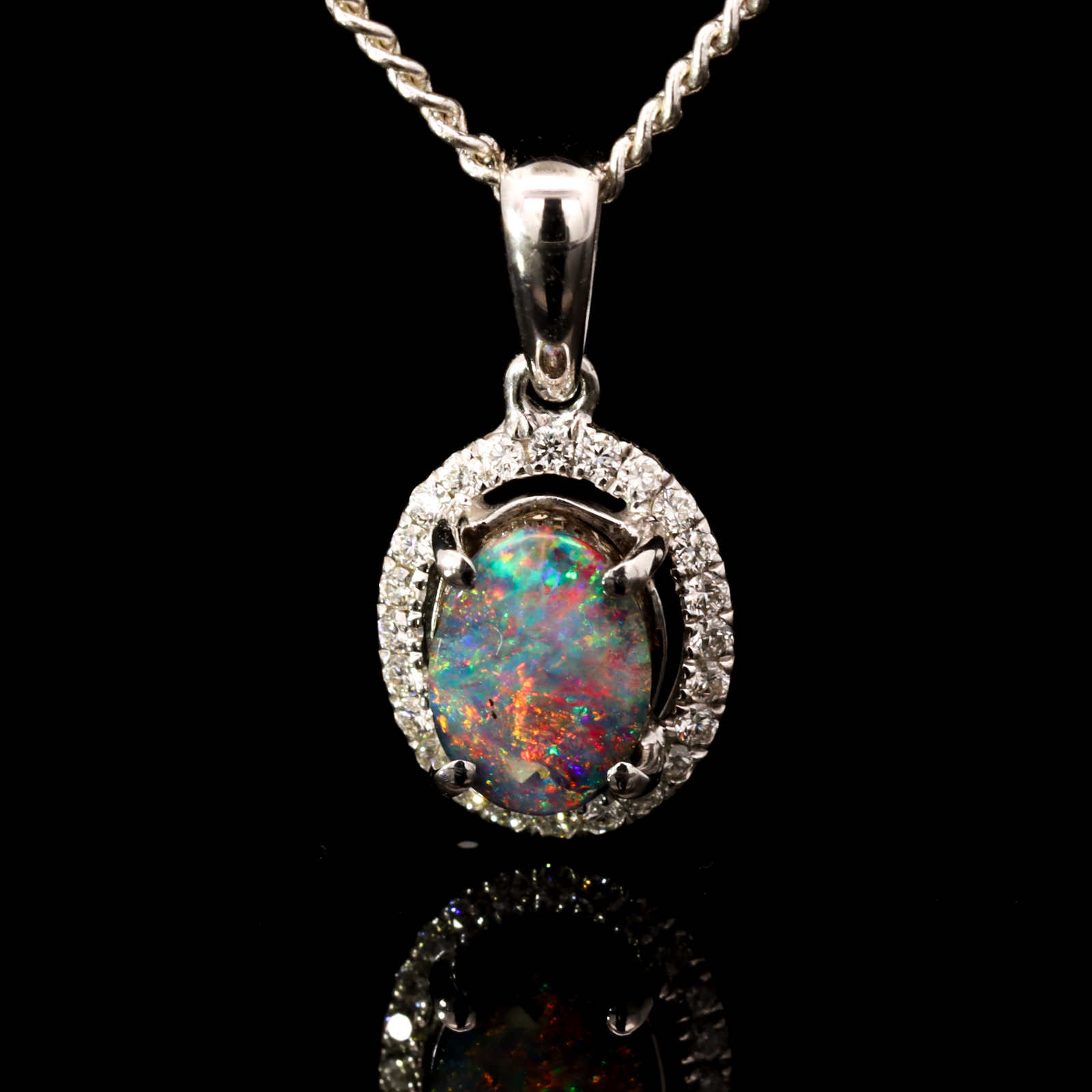 White Gold Blue Green Yellow Orange Pink Boulder Opal and Diamond Pendant
