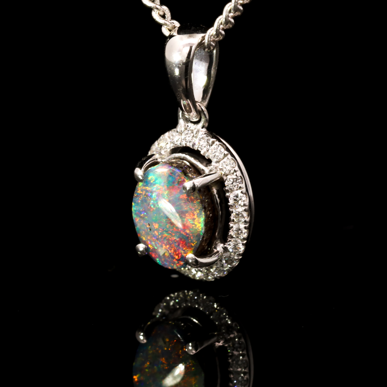 White Gold Blue Green Yellow Orange Pink Boulder Opal and Diamond Pendant