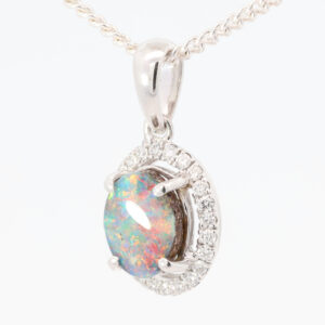 White Gold Blue Green Yellow Orange Pink Boulder Opal and Diamond Pendant