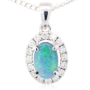 White Gold Blue Green Black Opal and Diamond Pendant