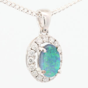 White Gold Blue Green Black Opal and Diamond Pendant