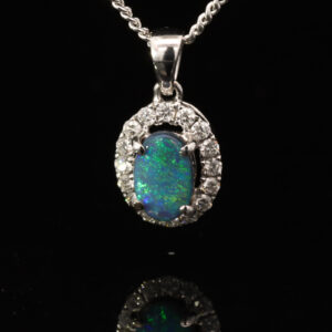 White Gold Blue Green Black Opal and Diamond Pendant
