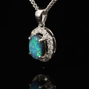 White Gold Blue Green Black Opal and Diamond Pendant