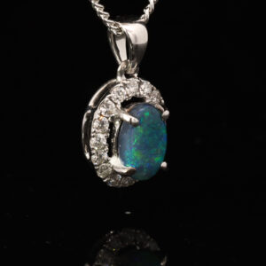 White Gold Blue Green Black Opal and Diamond Pendant