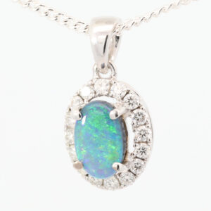 White Gold Blue Green Black Opal and Diamond Pendant