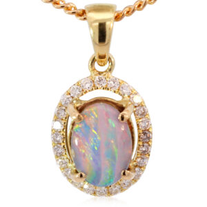 Yellow Gold Blue Green Yellow Orange Pink Boulder Opal and Diamond Pendant