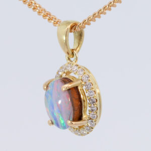 Yellow Gold Blue Green Yellow Orange Pink Boulder Opal and Diamond Pendant