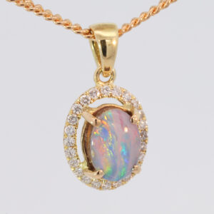 Yellow Gold Blue Green Yellow Orange Pink Boulder Opal and Diamond Pendant