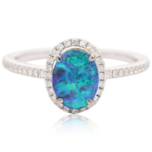 White Gold Blue Green Boulder Opal and Diamond Ring