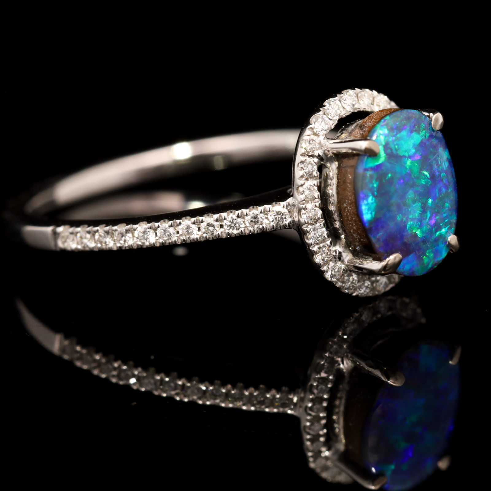 White Gold Blue Green Boulder Opal and Diamond Ring
