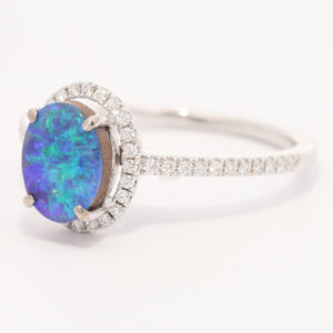 White Gold Blue Green Boulder Opal and Diamond Ring