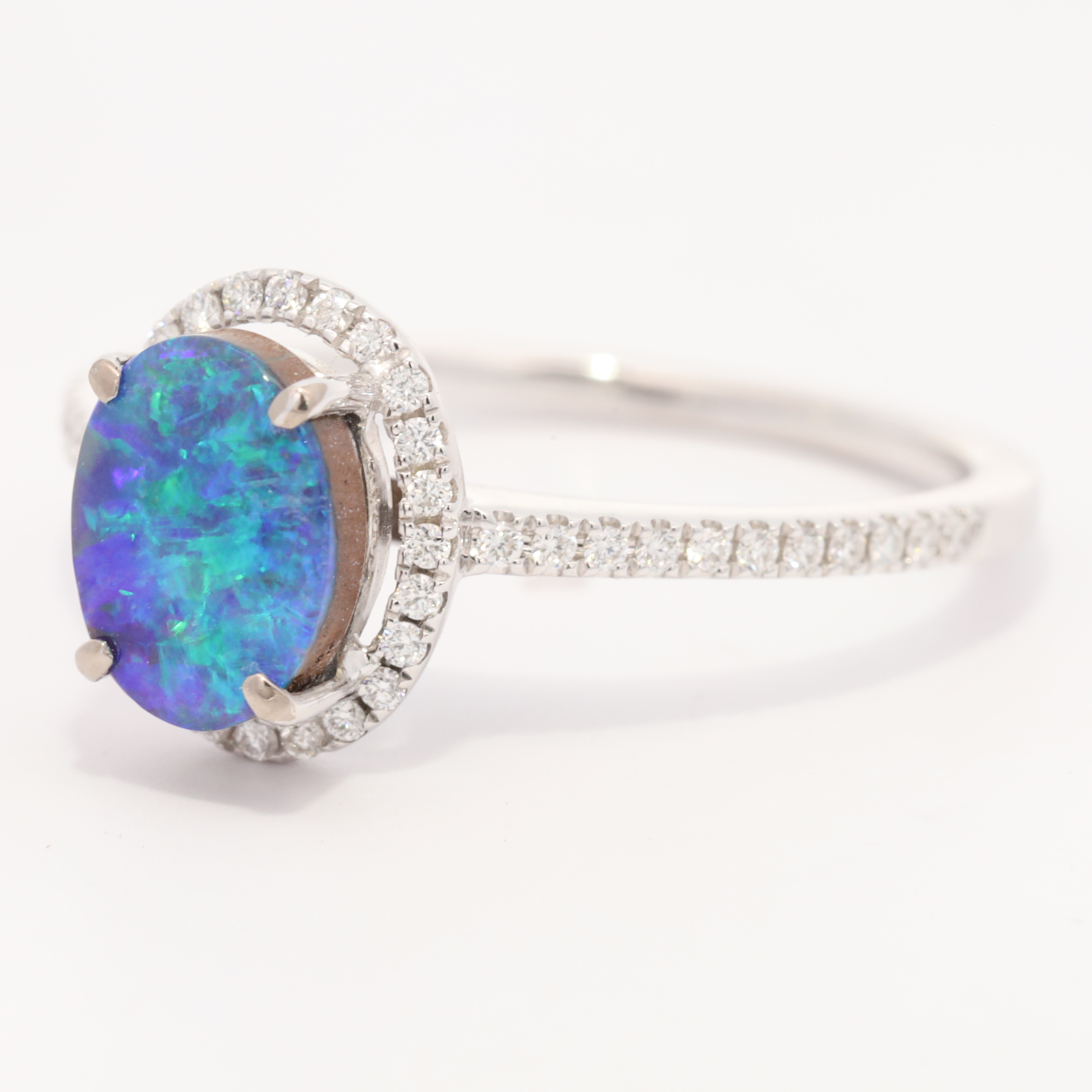 White Gold Blue Green Boulder Opal and Diamond Ring