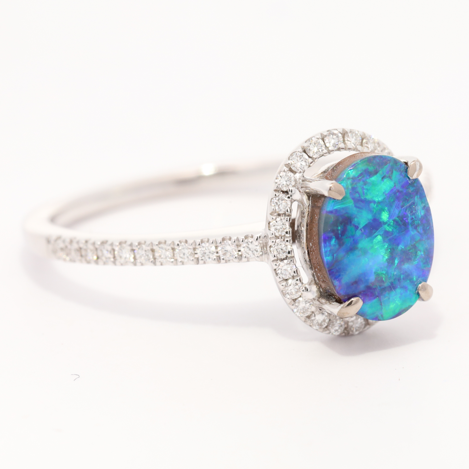 White Gold Blue Green Boulder Opal and Diamond Ring