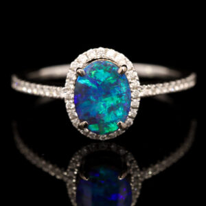 White Gold Blue Green Boulder Opal and Diamond Ring