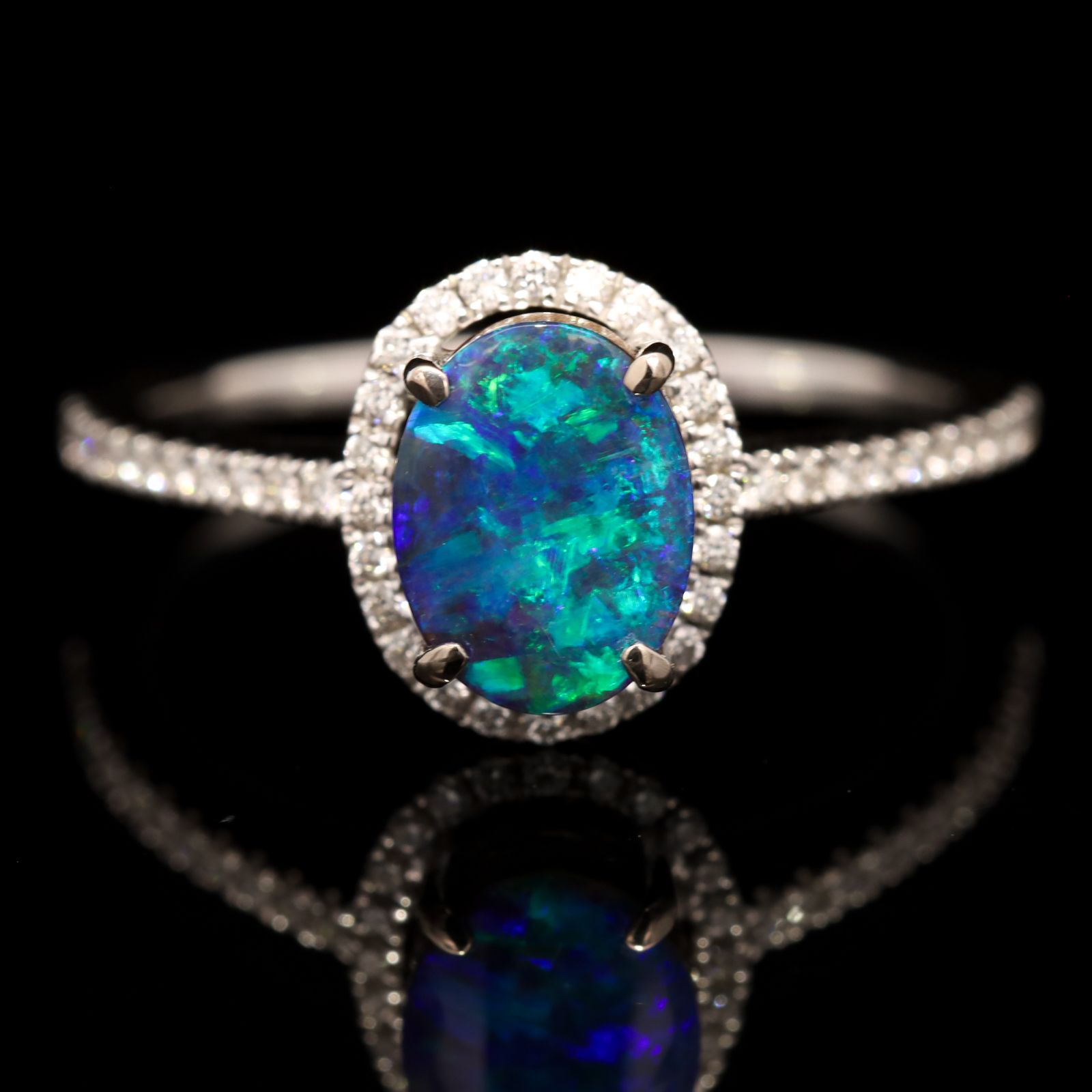 White Gold Blue Green Boulder Opal and Diamond Ring