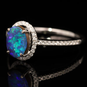 White Gold Blue Green Boulder Opal and Diamond Ring