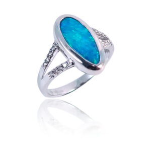 White Gold Blue Green Boulder Opal Ring