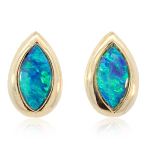 Yellow Gold Blue Green Doublet Opal Earrings