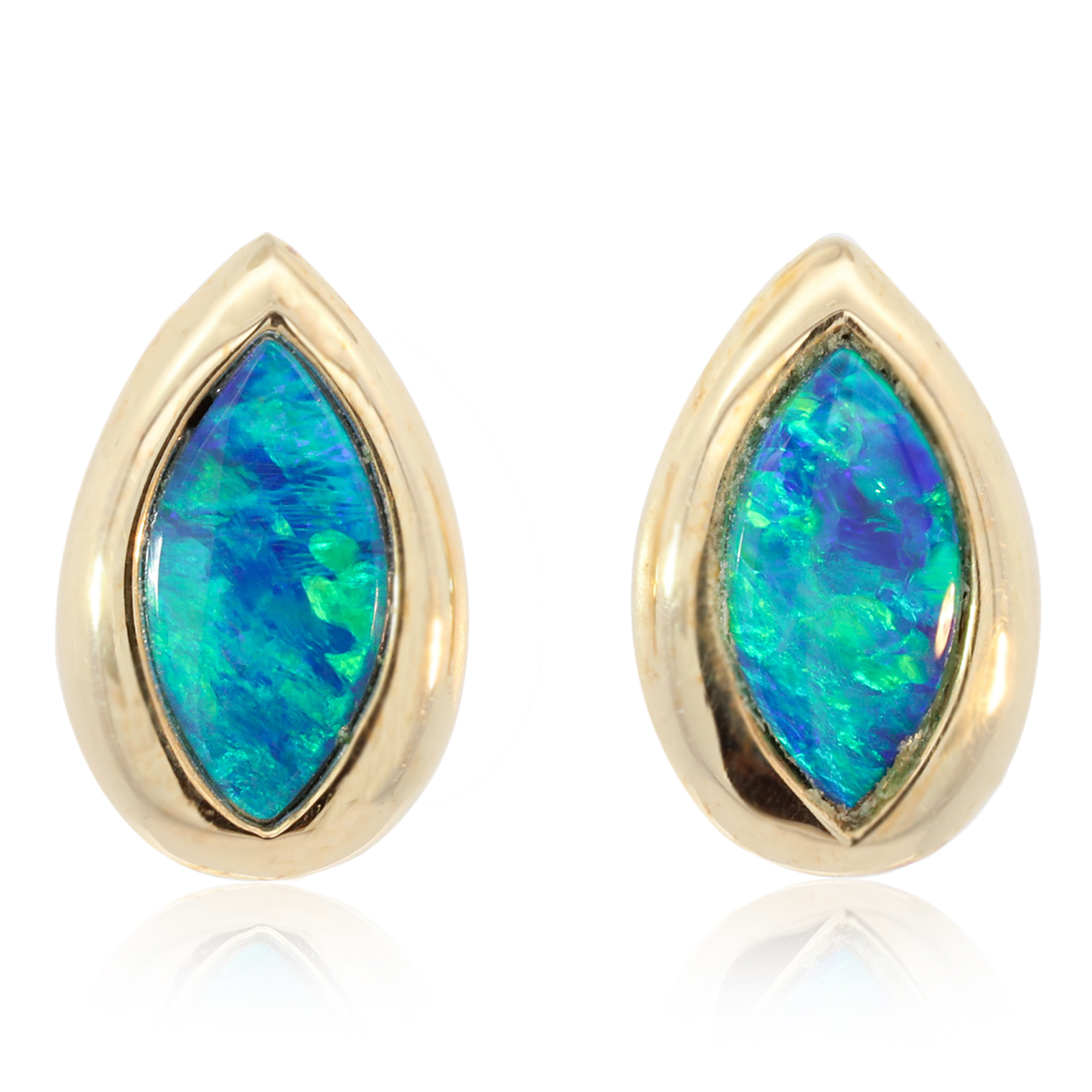 Yellow Gold Blue Green Doublet Opal Earrings