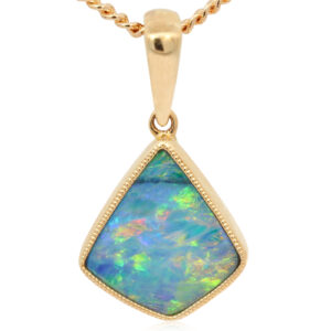Yellow gold blue green yellow orange doublet opal pendant