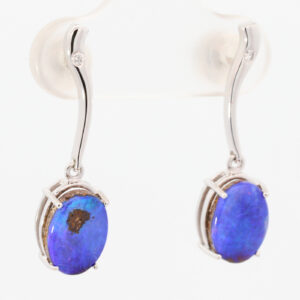 White Gold Blue Purple Solid Australian Boulder Opal and Diamond Earrings