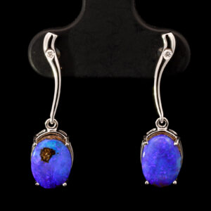White Gold Blue Purple Solid Australian Boulder Opal and Diamond Earrings