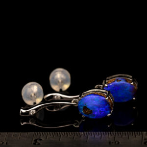White Gold Blue Purple Solid Australian Boulder Opal and Diamond Earrings