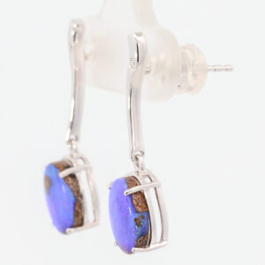 White Gold Blue Purple Solid Australian Boulder Opal and Diamond Earrings