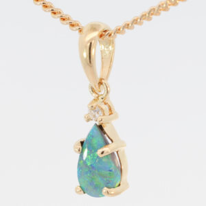 Yellow Gold Blue Green Yellow Orange Black Opal and Diamond Pendant