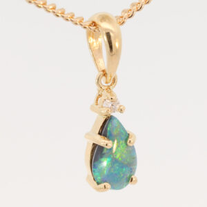 Yellow Gold Blue Green Yellow Orange Black Opal and Diamond Pendant