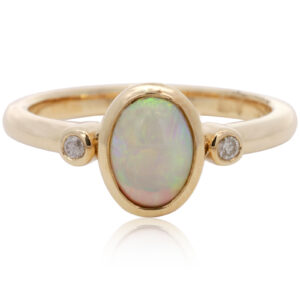 Yellow Gold Blue Green Yellow Orange Crystal Opal and Diamond Ring