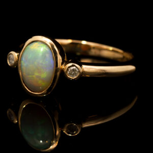 Yellow Gold Blue Green Yellow Orange Crystal Opal and Diamond Ring