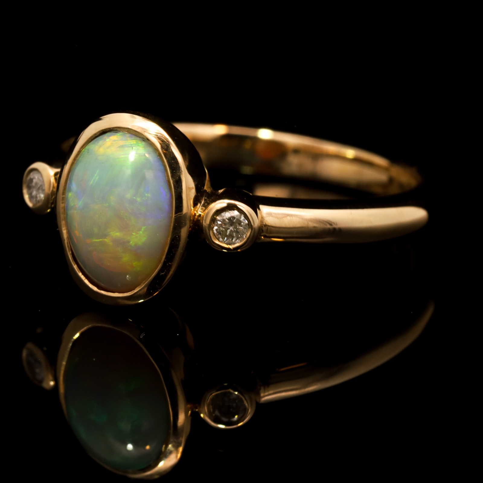 Yellow Gold Blue Green Yellow Orange Crystal Opal and Diamond Ring