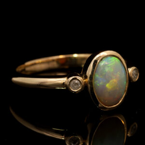 Yellow Gold Blue Green Yellow Orange Crystal Opal and Diamond Ring