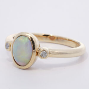 Yellow Gold Blue Green Yellow Orange Crystal Opal and Diamond Ring