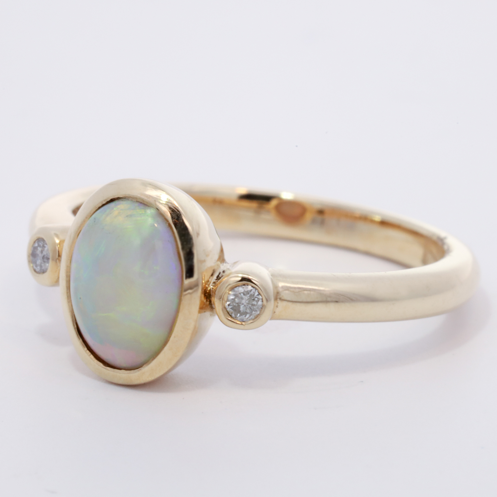 Yellow Gold Blue Green Yellow Orange Crystal Opal and Diamond Ring