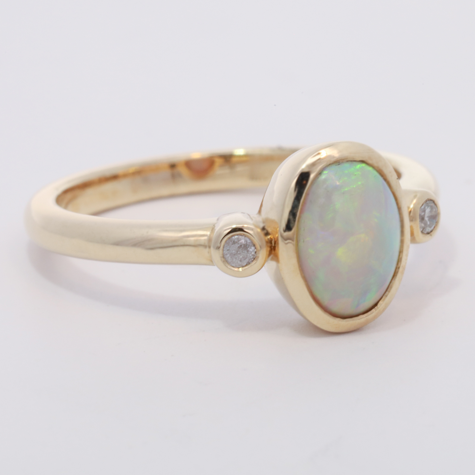 Yellow Gold Blue Green Yellow Orange Crystal Opal and Diamond Ring